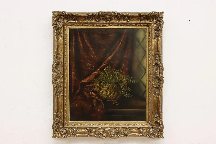 Main image of Plant Still Life Antique Original Oil Painting 32"