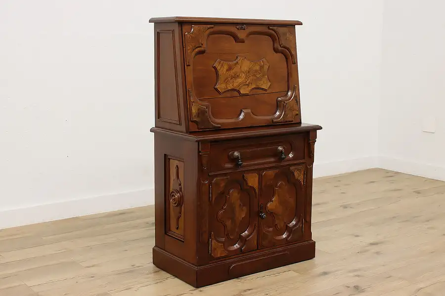 Main image of Victorian Antique Carved Walnut & Burl Secretary Desk