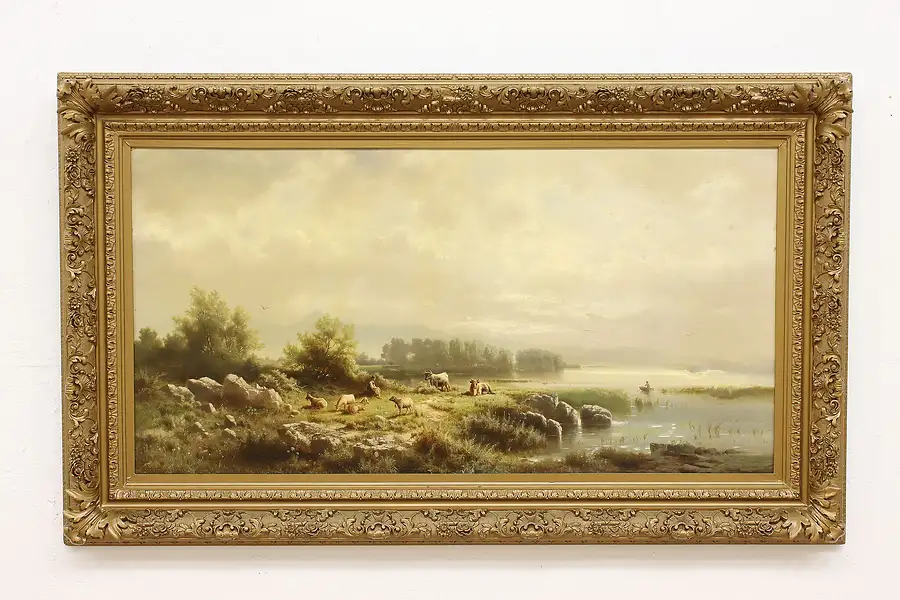 Main image of Grazing Cows by Lake Antique Original Oil Painting 63"