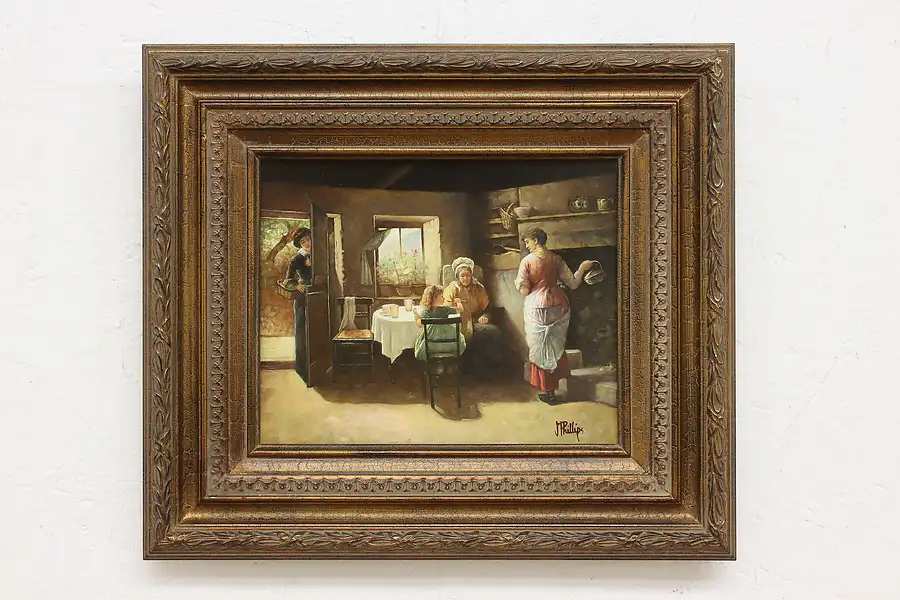 Main image of Women in Kitchen Vintage Original Oil Painting, Phillips 16"