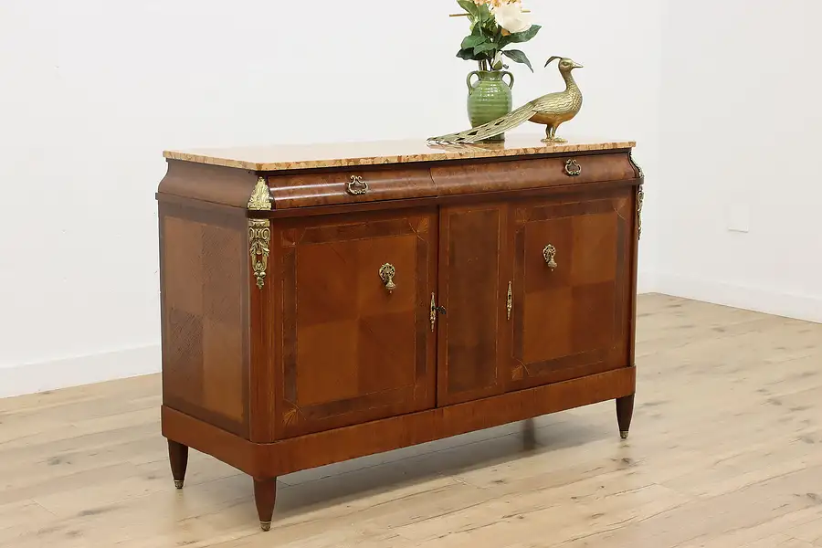 Main image of French Antique Marble Top & Elm Burl Sideboard Bar Cabinet