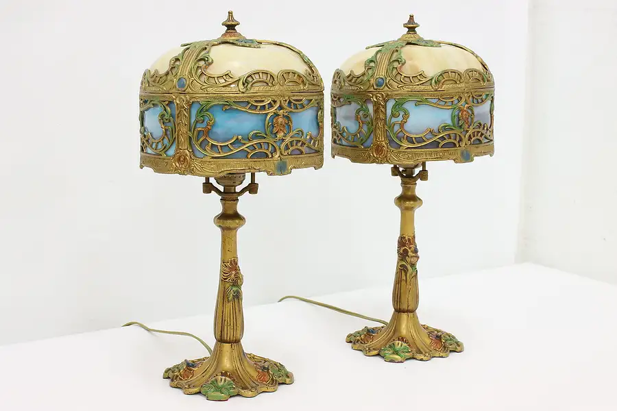 Main image of Pair of Vintage Painted & Stained Glass Boudoir Lamps