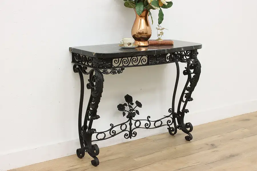 Main image of Victorian Antique Iron & Marble Sofa or Hall Console Flowers