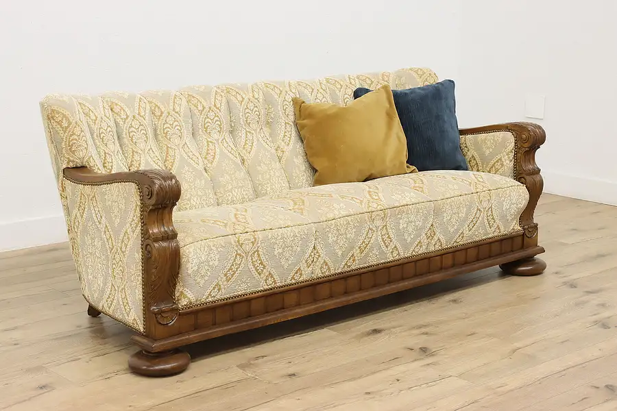 Main image of Scandinavian Vintage Oak & Upholstered Sofa, Carved Leaves