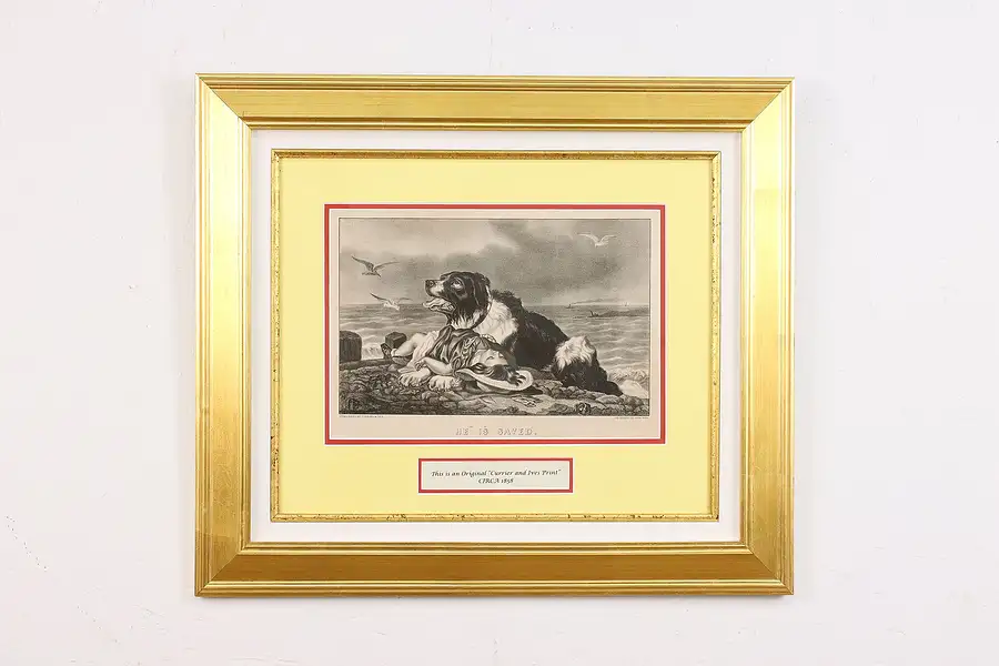 Main image of Dog Rescuing Child Antique Lithograph, Currier & Ives 24"