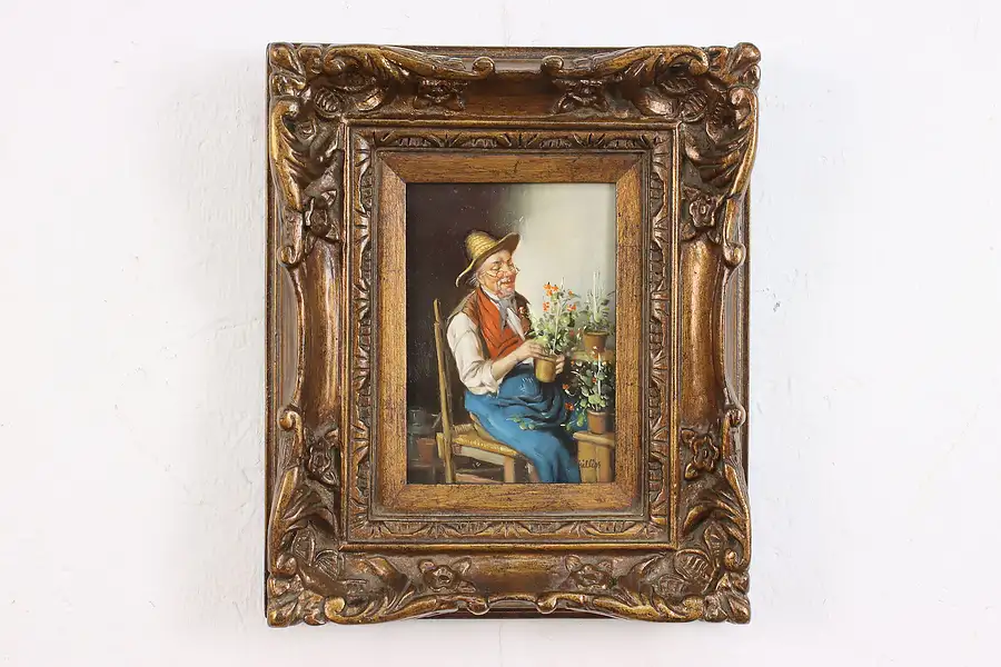 Main image of Man & Flowers Vintage Original Oil Painting, Phillips 12.5"