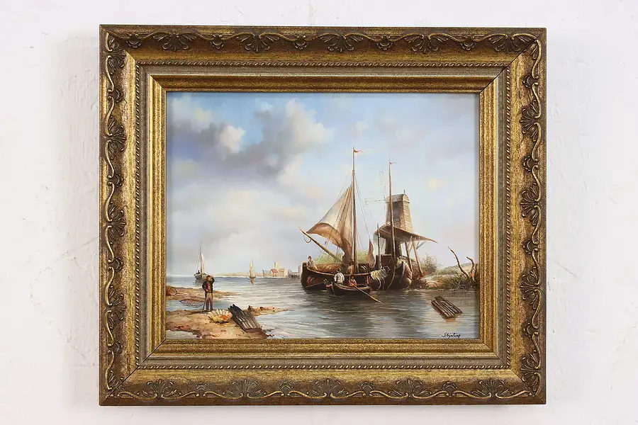 Main image of Boats on Shore Antique Original Oil Painting, Signed 13.5"