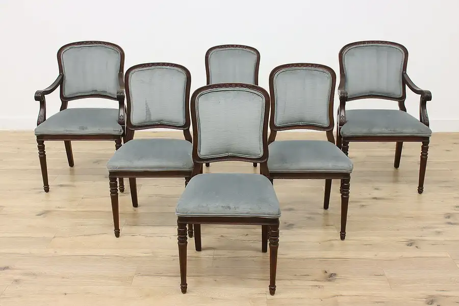 Main image of Set of 6 Renaissance Antique Walnut Velvet Dining Chairs