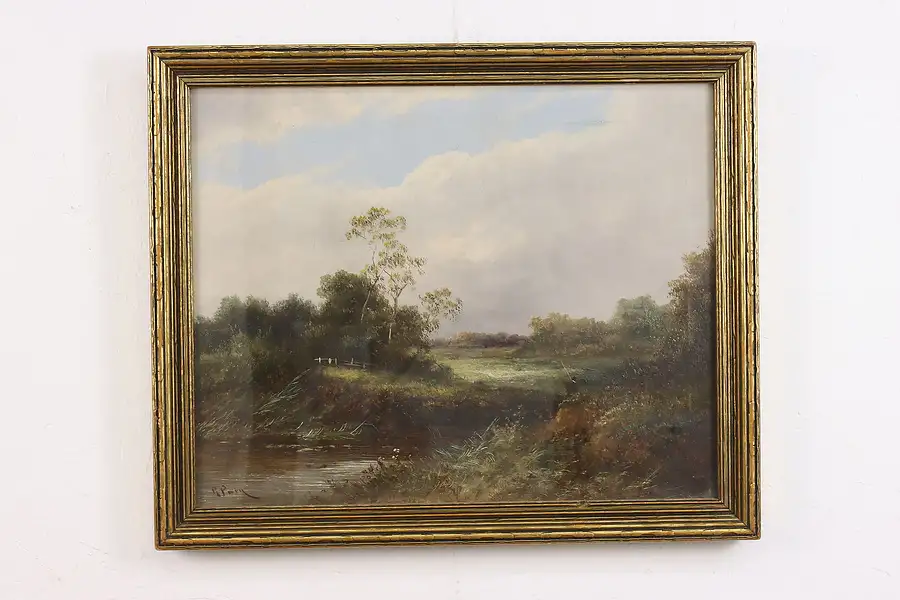 Main image of Riverbank Fishing Antique Original Oil Painting, Perry 23"