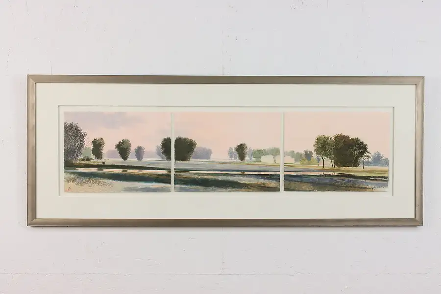 Main image of River Landscape Vintage Watercolor Triptych, Signed 45.5"