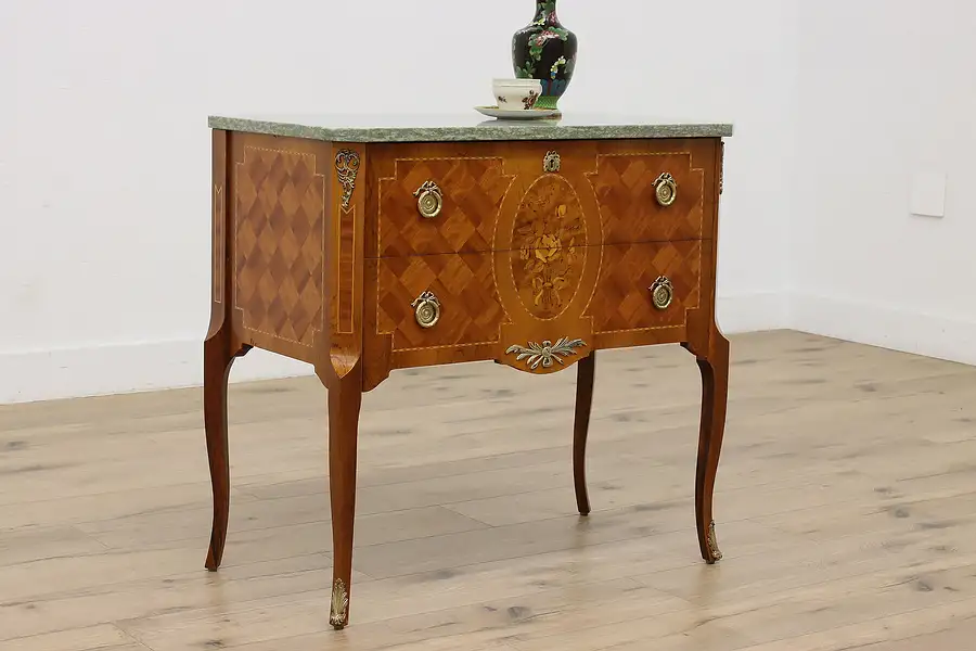 Main image of French Vintage Marble Top & Marquetry Hall Console or Chest