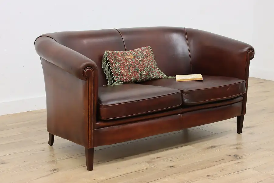 Main image of Dutch Art Deco Sheepskin Leather Loveseat or Small Sofa