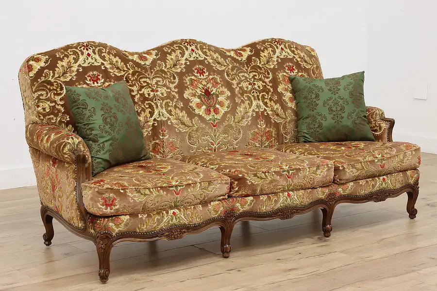 Main image of French Vintage Cut Velvet Couch or Sofa, Carved Flowers