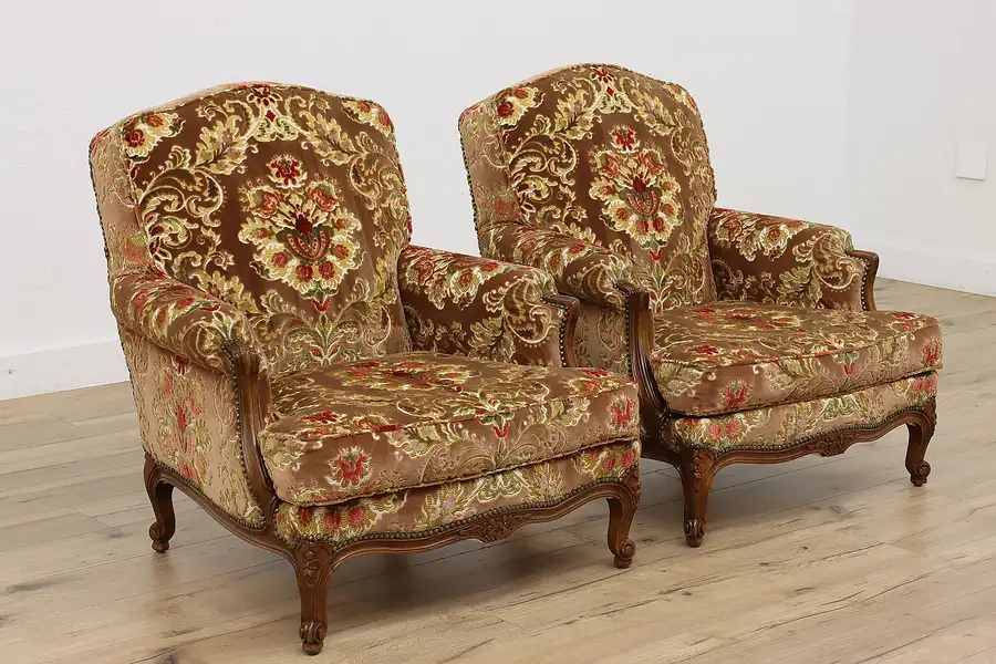 Main image of Pair of French Large Vintage Carved Chairs, Cut Velvet