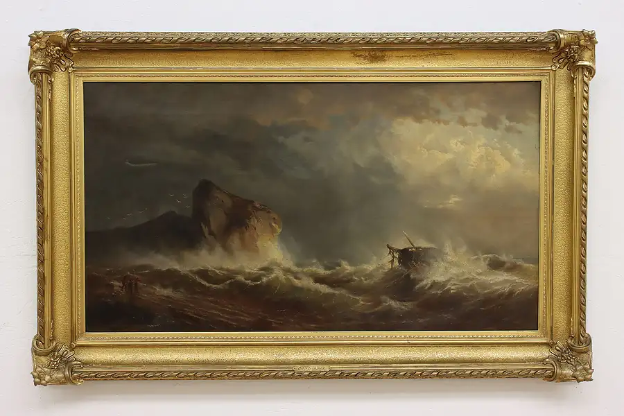 Main image of Shipwreck Rescuers Antique Original Oil Painting Lommer 65"