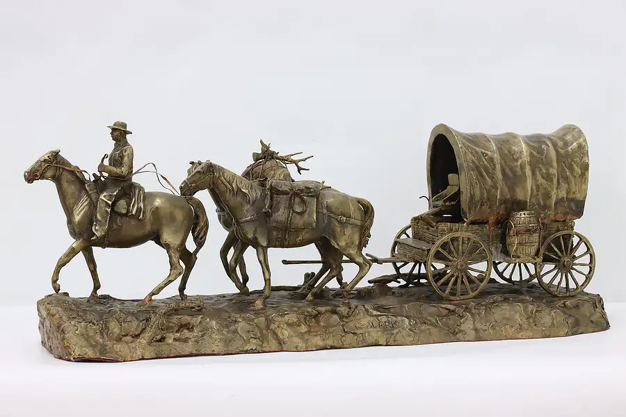 Main image of Cowboy Covered Wagon Statue Bronze Vintage Sculpture, Clark