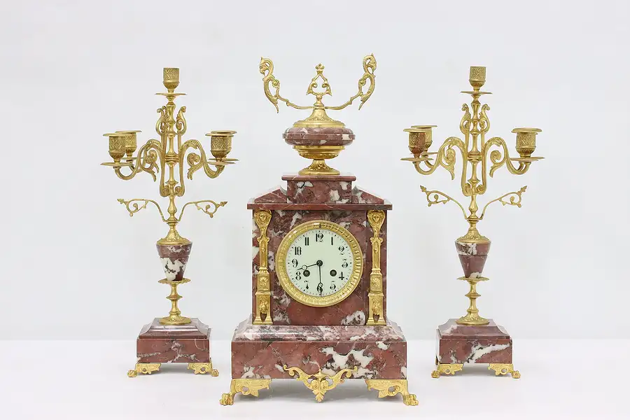 Main image of French Antique 3 Pc Marble & Gold Mantel Clock Set, Japy