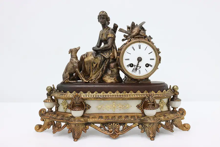 Main image of Huntress Diana Antique French Marble Mantel Clock, Japy