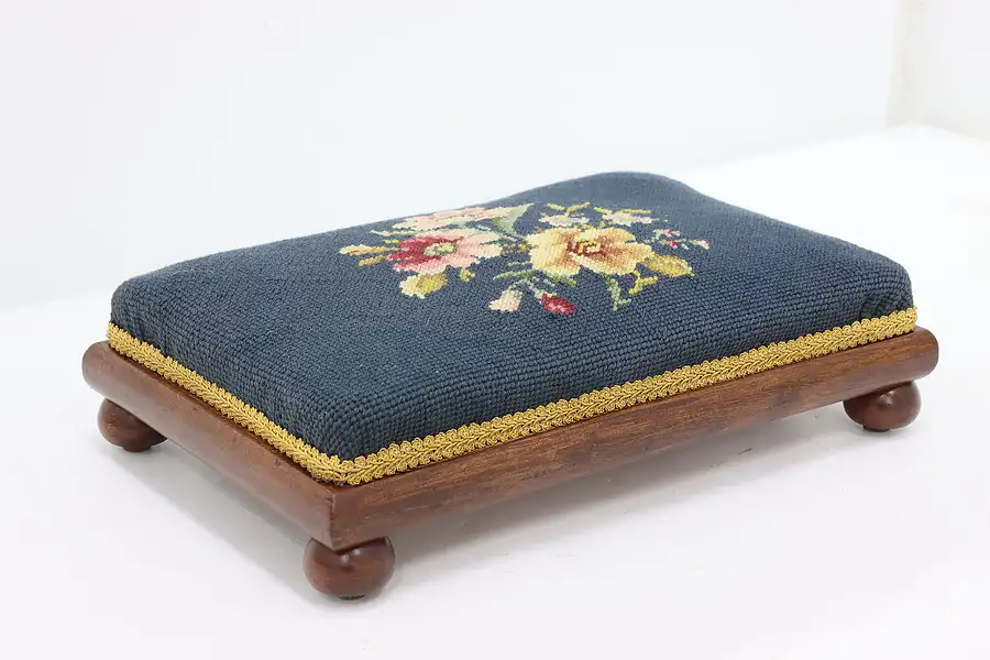 Main image of Traditional Antique Birch & Floral Needlepoint Footstool