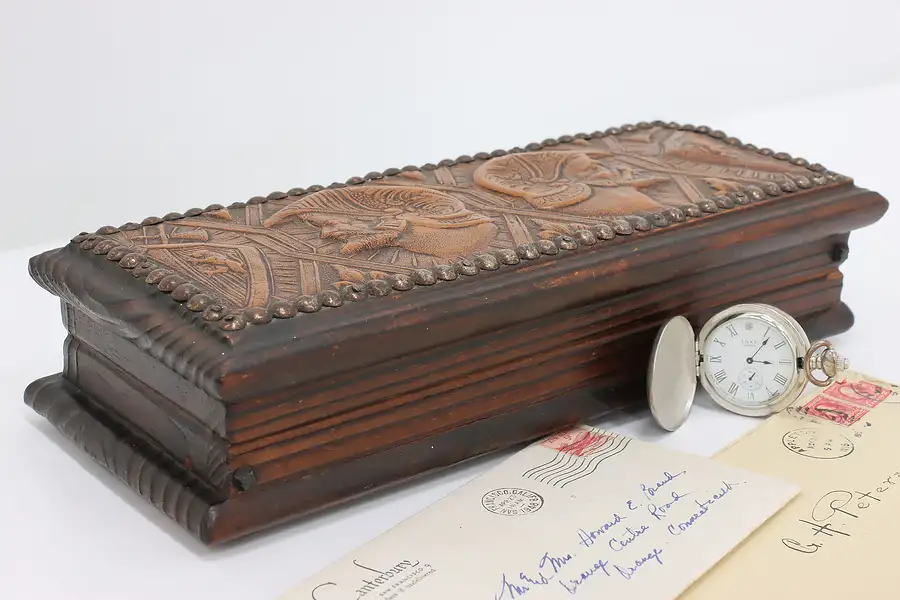 Main image of Embossed Leather Antique Pine Cigar or Keepsake Box, Knights