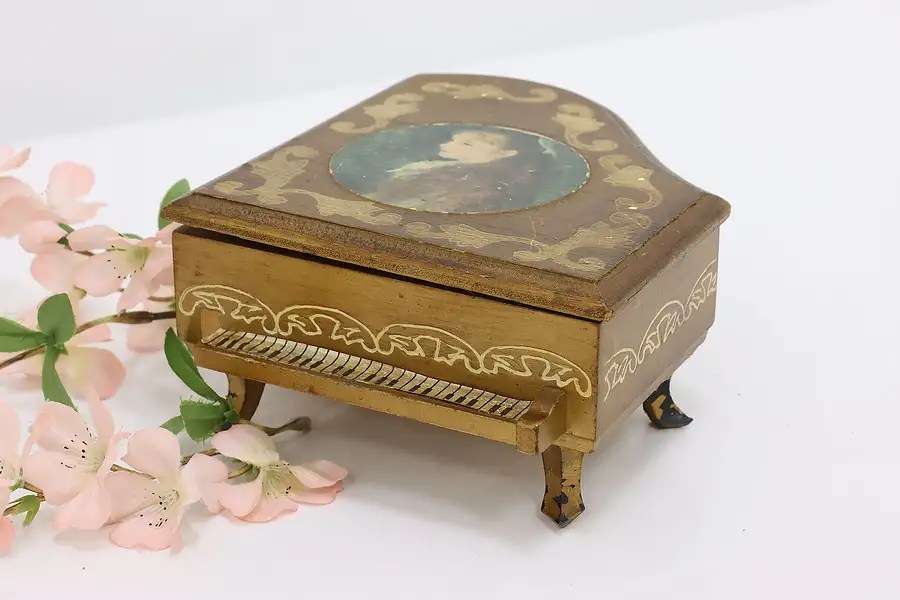 Main image of Painted & Carved Vintage Mini Piano Music Jewelry Box, Love