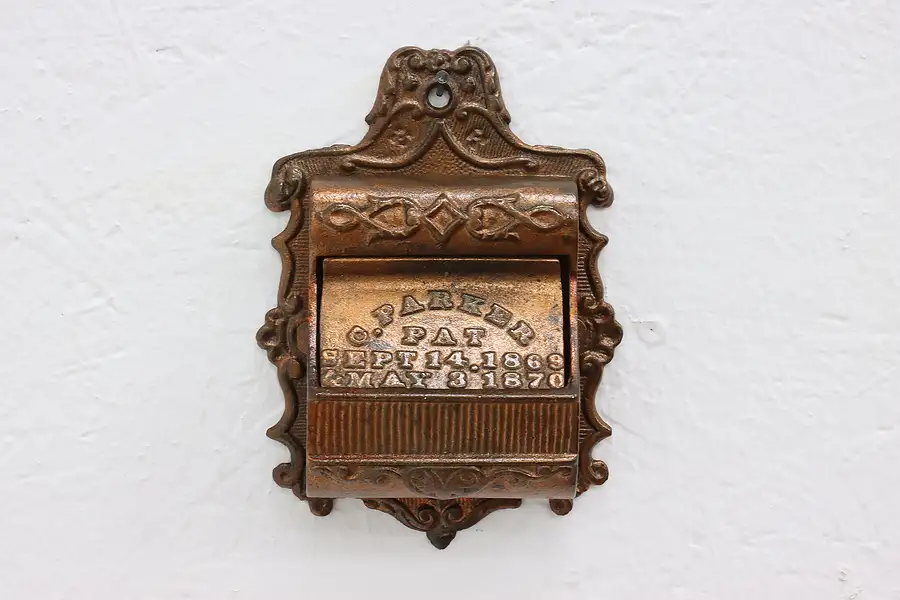 Main image of Victorian Antique Cast Iron Wall Hanging Match Holder Parker