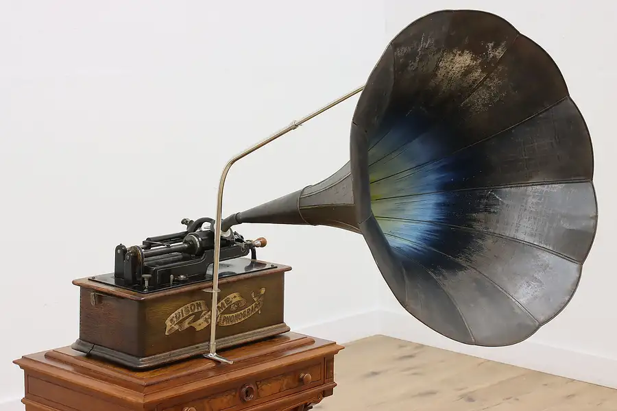 Main image of Edison Antique Oak Record Player Cylinder Phonograph & Horn