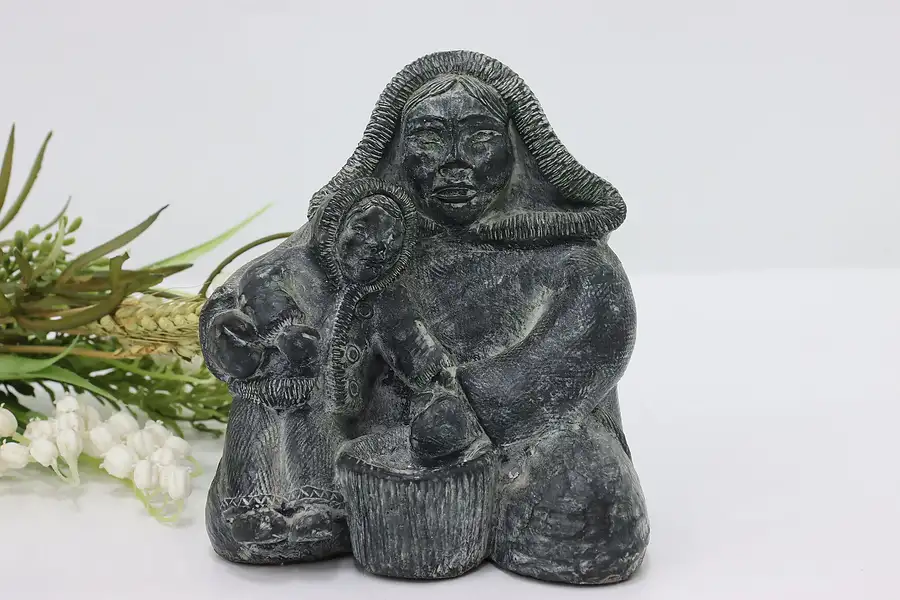 Main image of Canadian Vintage Carved Eskimo Mother & Child Sculpture Wolf