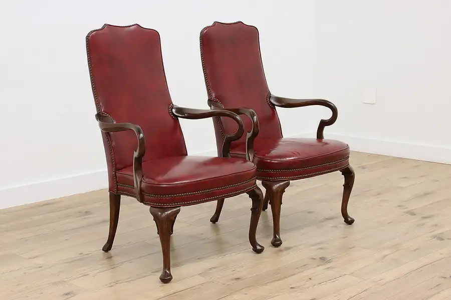 Main image of Pair of Georgian Vintage Red Leather Office Chairs, Hickory