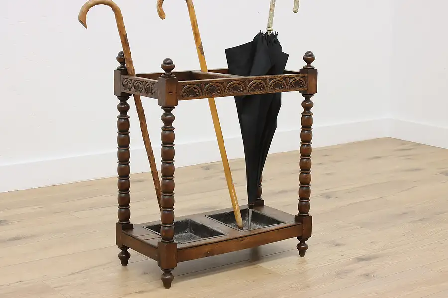 Main image of Tudor Antique Carved Oak Umbrella & Cane Hall Stand, Flowers