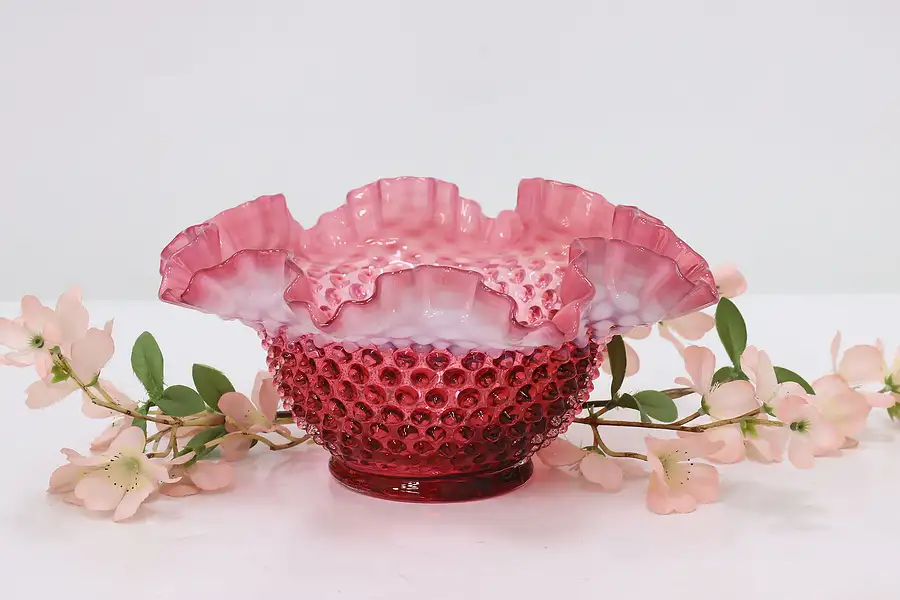 Main image of Cranberry Vintage Hobnail Ruffled Glass Bowl or Dish