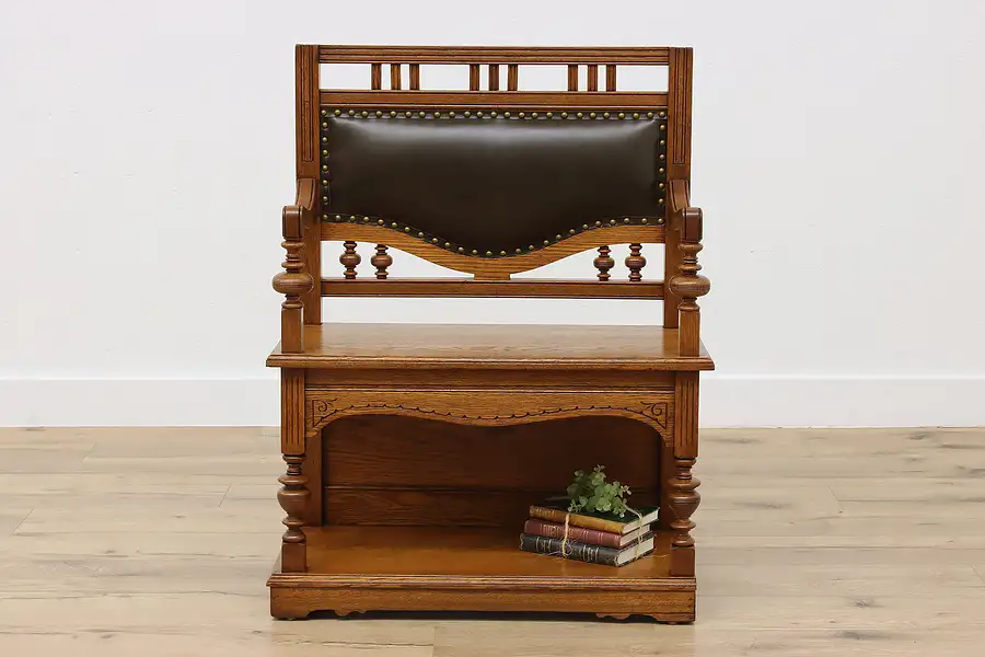 Main image of Victorian Antique Carved Oak & Leather Hall or Bedroom Bench