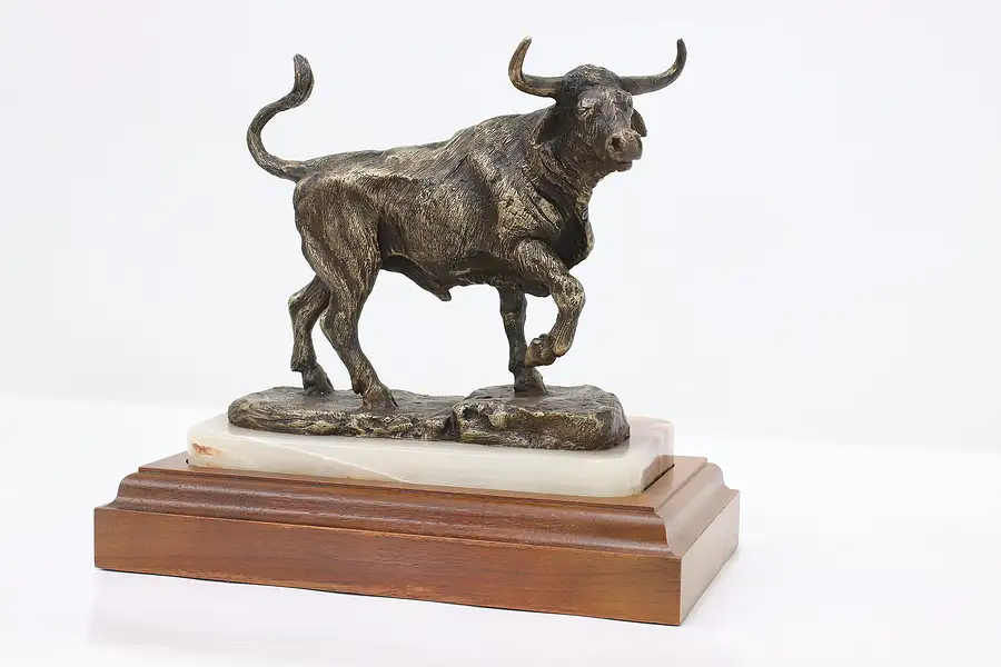 Main image of Bronze Stock Market Bull Onyx Base Vintage Sculpture, Shoop