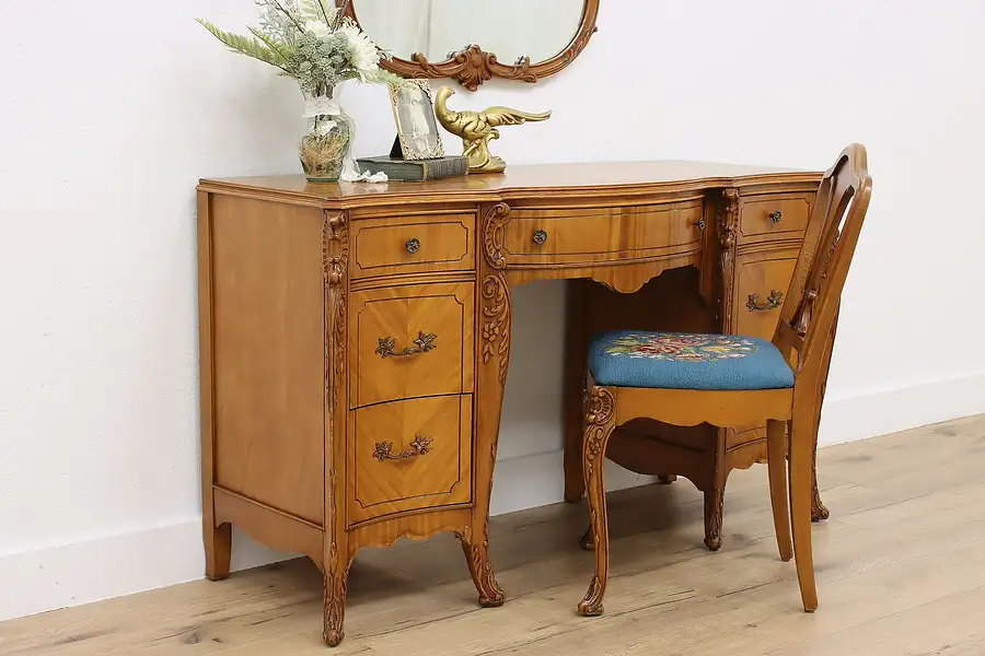 Main image of French Design Vintage Satinwood Vanity Desk & Chair Joerns