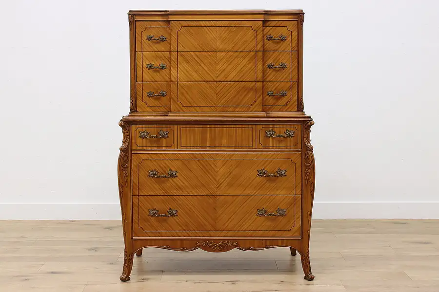 Main image of French Design Vintage Satinwood Dresser or Tall Chest, Joerns