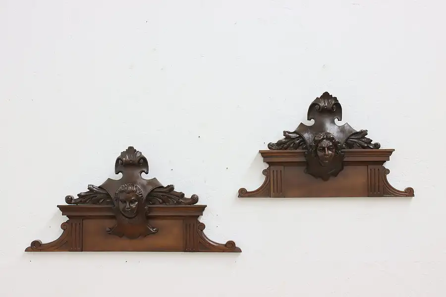 Main image of Pair of Victorian Antique Carved Walnut Wall Crests, Busts