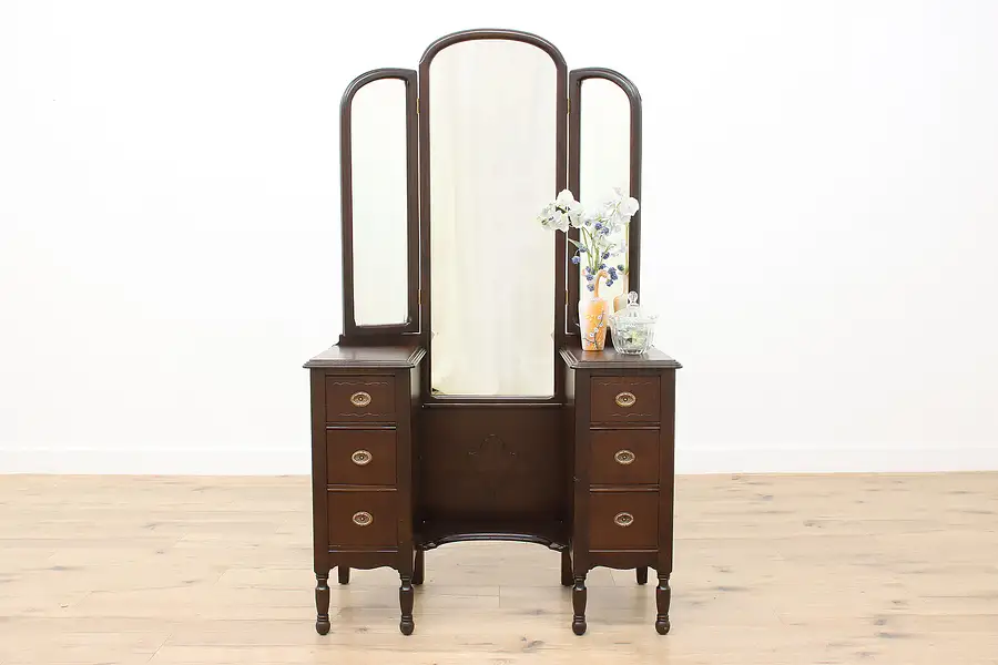 Main image of Tudor Design Antique Vanity or Dressing Table, Triple Mirror