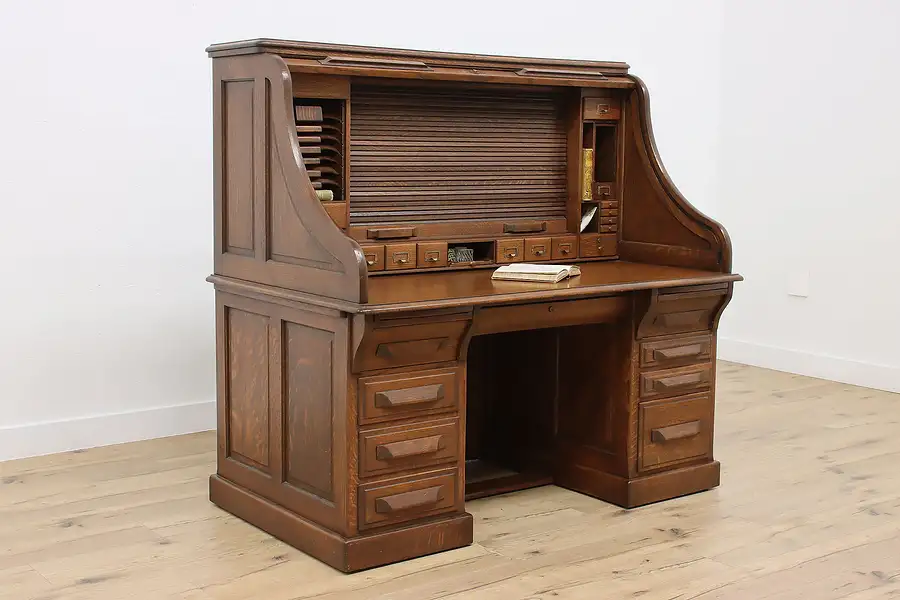 Main image of Victorian Antique Double Roll Top 5' Office or Library Desk