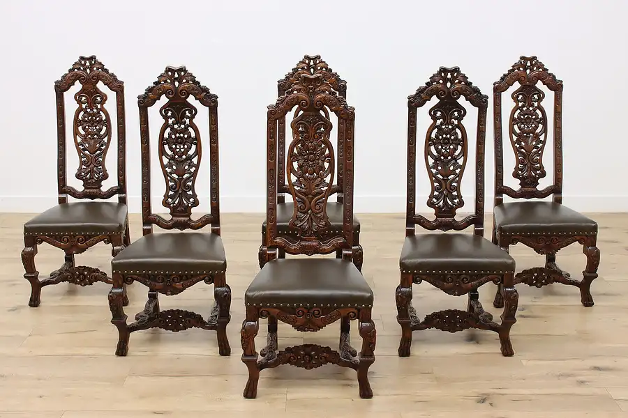 Main image of Set 6 Antique Renaissance Carved Oak & Leather Dining Chairs