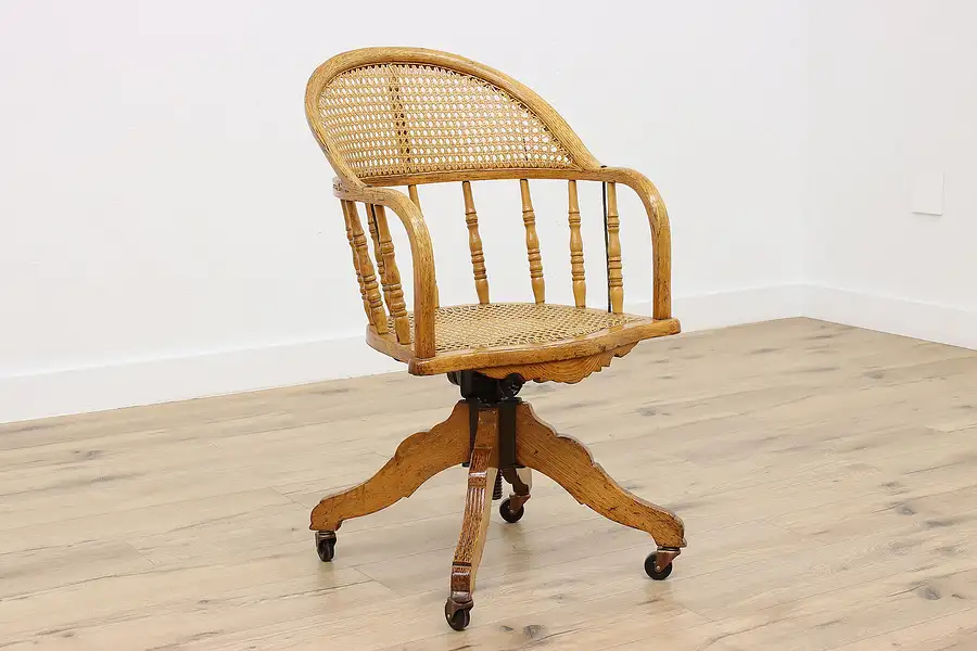 Main image of Victorian Antique Caned Oak Office Library Swivel Desk Chair