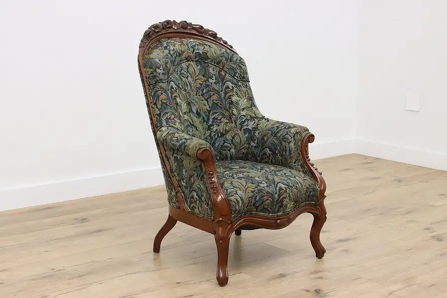 Main image of Victorian Antique Upholstered Library Chair, Carved Fruits