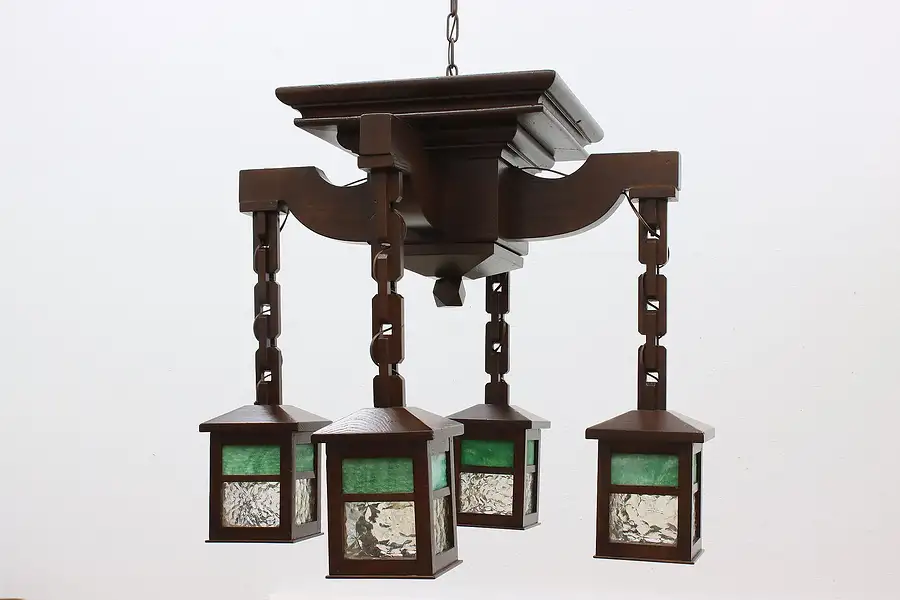 Main image of Arts & Crafts Antique Mission Oak Stained Glass Chandelier