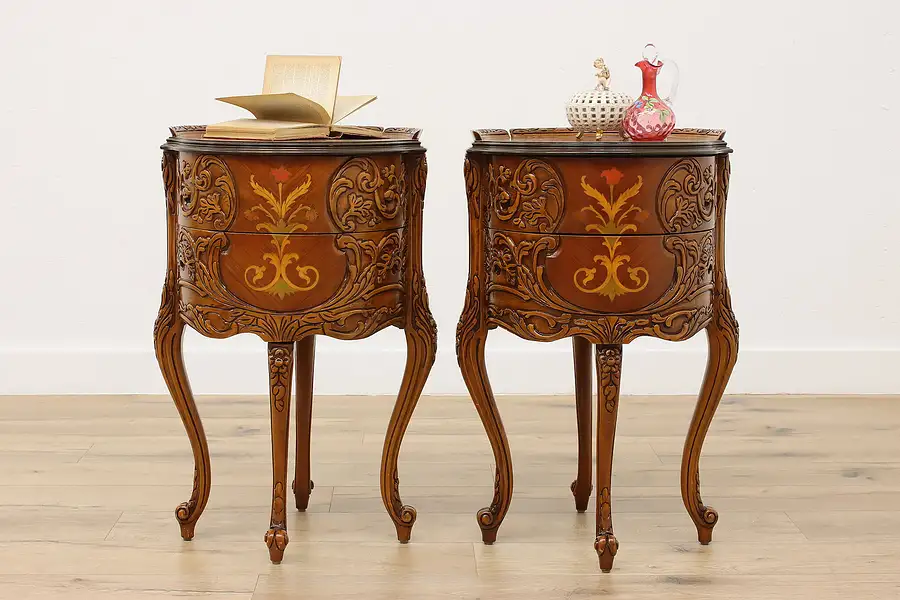 Main image of Pair of French Design Antique Carved Marquetry Nightstands