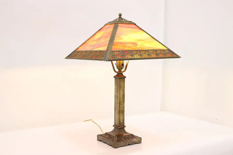 Main image of Pyramid Stained Glass Shade Antique Brass Table Lamp Flowers