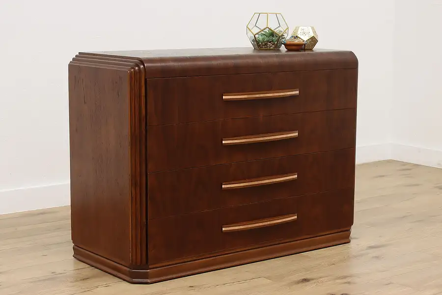 Main image of Art Deco Vintage Waterfall Walnut Dresser or Chest