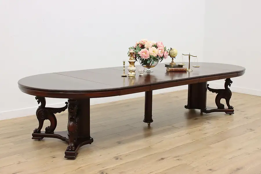 Main image of Carved Griffins Antique 57" Mahogany Dining Table Opens 11'