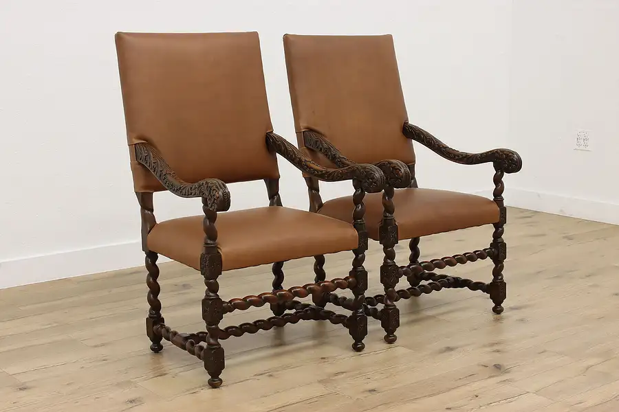 Main image of Pair Renaissance Antique Carved Hall Throne Chairs, Leather