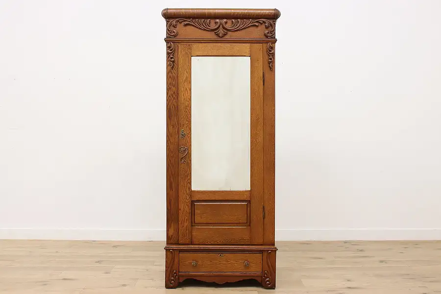 Main image of Victorian Antique Carved Oak Wardrobe or Closet, Mirror