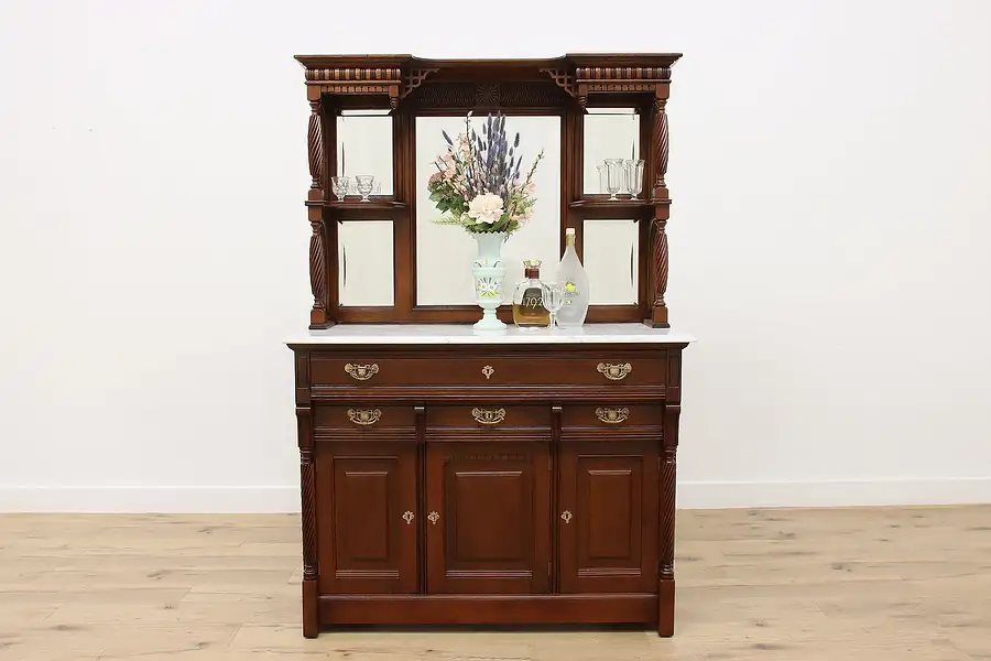 Main image of Victorian Antique Carved Oak & Marble Sideboard Bar Cabinet