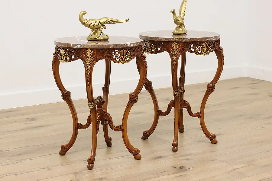 Main image of Pair French Design Vintage Carved Center Tables Marble Tops